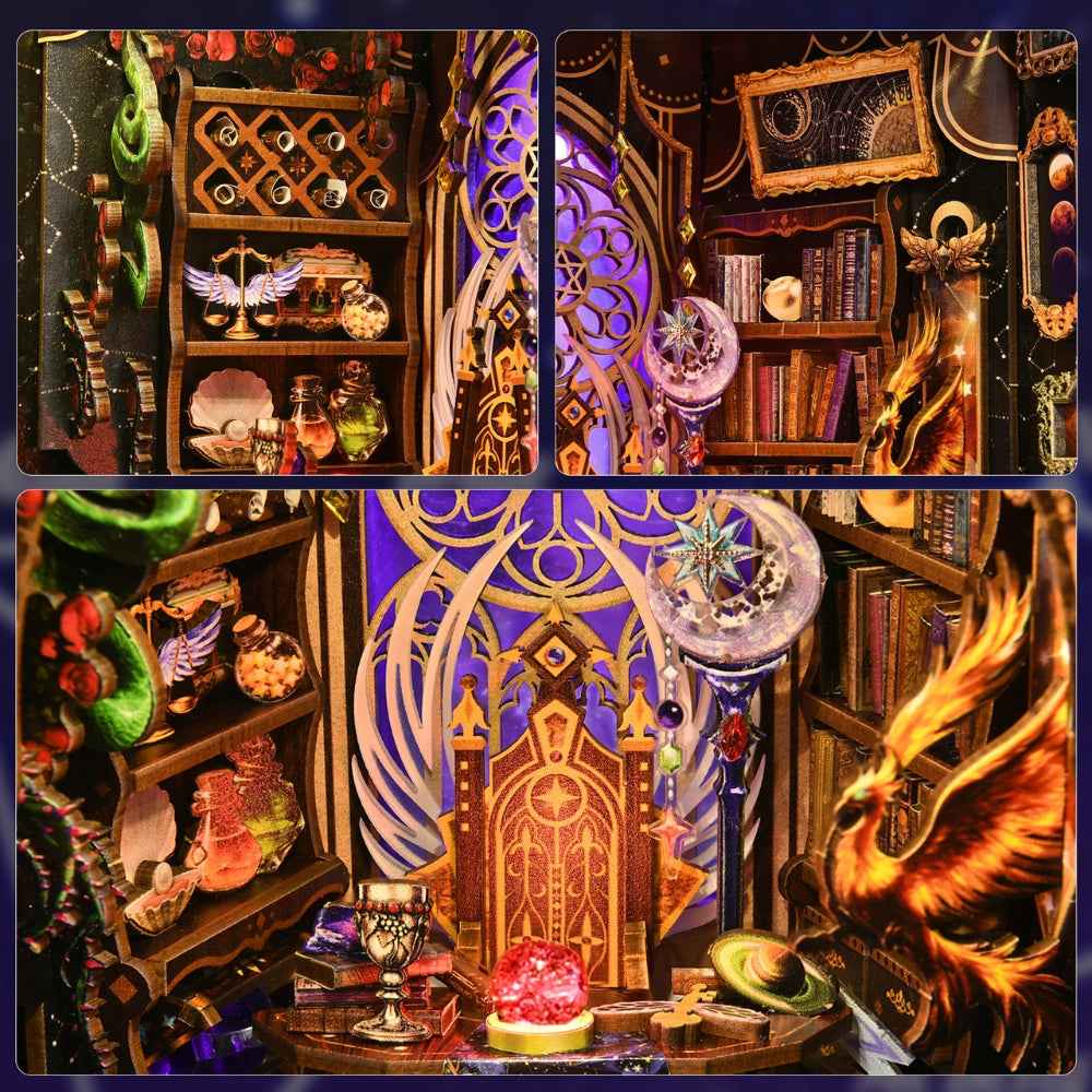 Mystic Zodiac interior with potion shelves, an ornate purple doorway and gold-and-green creature decorations.