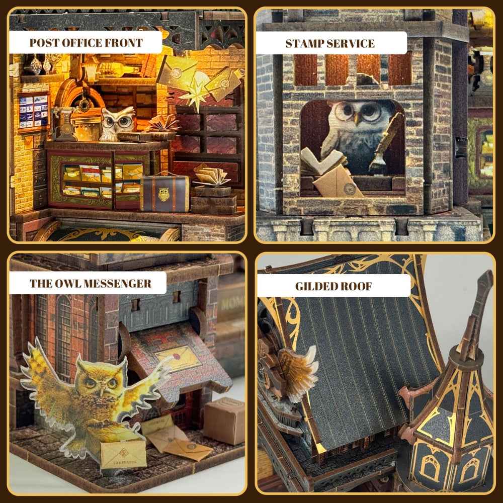 Owl Post Office details showing the service counter, stamp window, owl messenger and gilded roof.