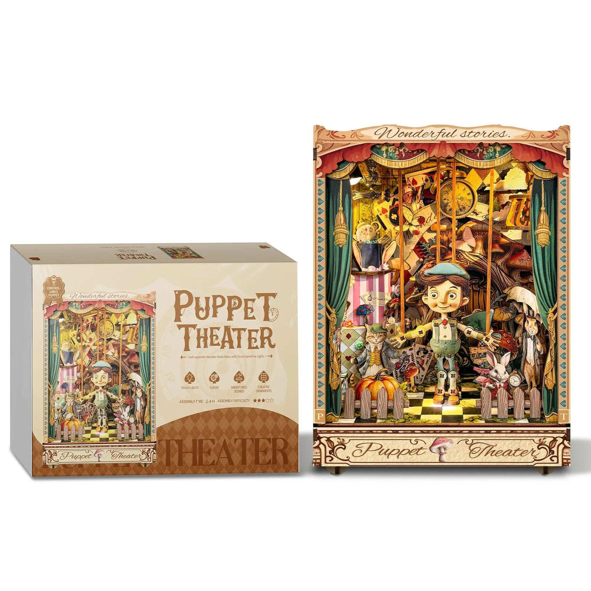 Puppet Theater book nook beside its illustrated kit packaging.