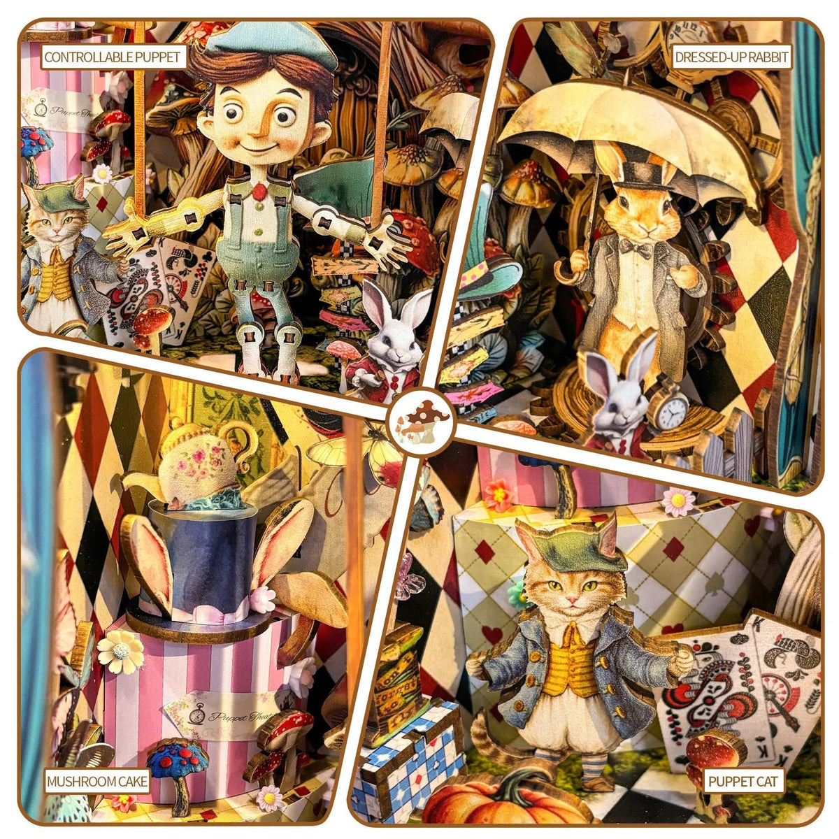 Puppet Theater close-ups showing the central puppet, an umbrella figure and colorful stage characters.