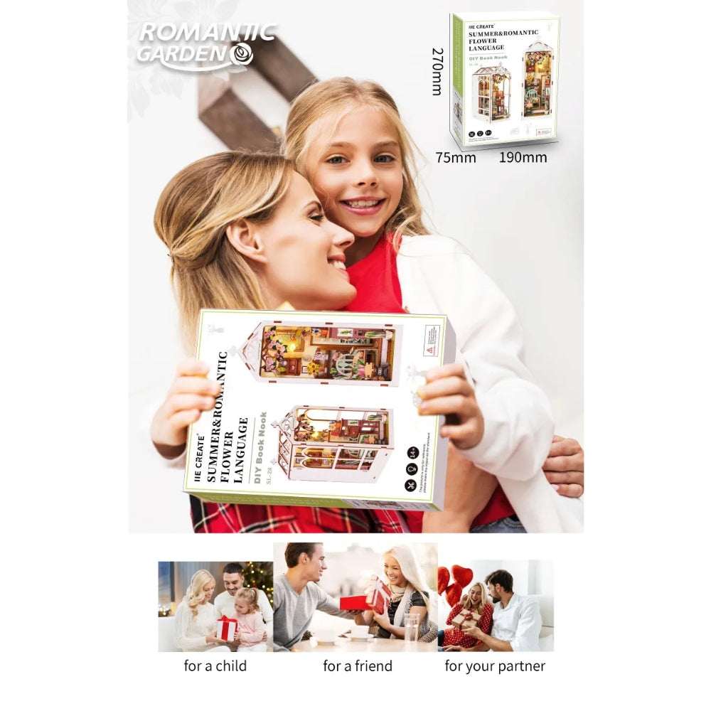 Woman and girl holding a Romantic Garden kit box, with smaller gifting scenes below.