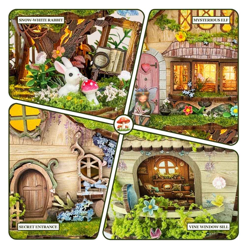 Rowan's Treehouse details showing a white rabbit, small entrance and vine-covered window.