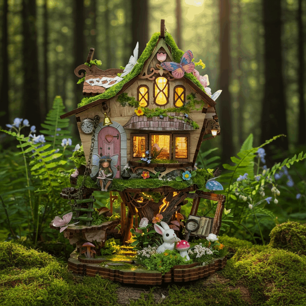 Rowan's Treehouse miniature cottage perched on a leafy tree trunk in a forest setting.