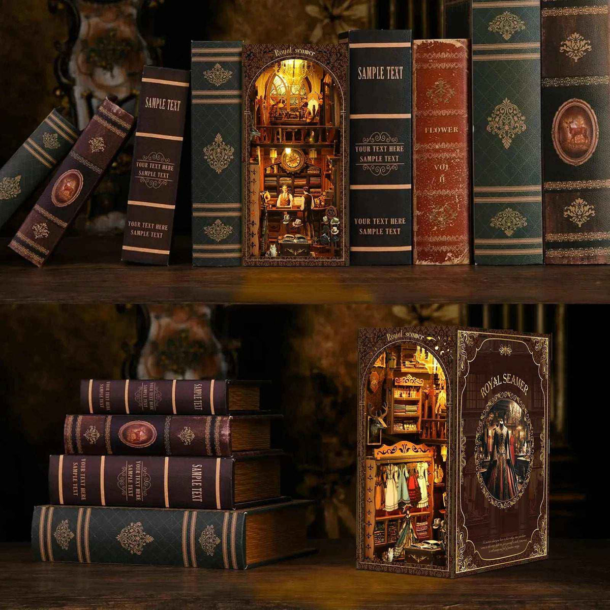 Royal Seamer tailoring-shop book nook displayed among books in two arrangements.