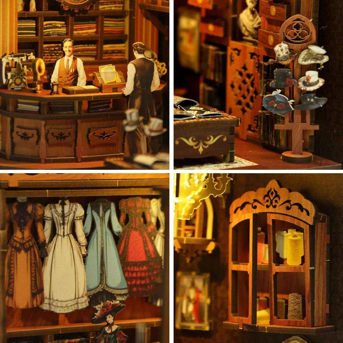 Royal Seamer details showing tailors at a counter, miniature dresses and spools of thread.