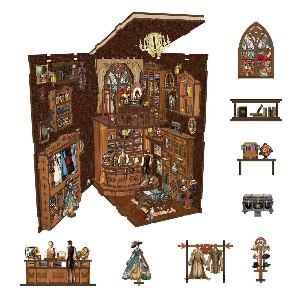 Royal Seamer opened tailoring-shop interior with miniature furniture, clothing and figures pictured separately.