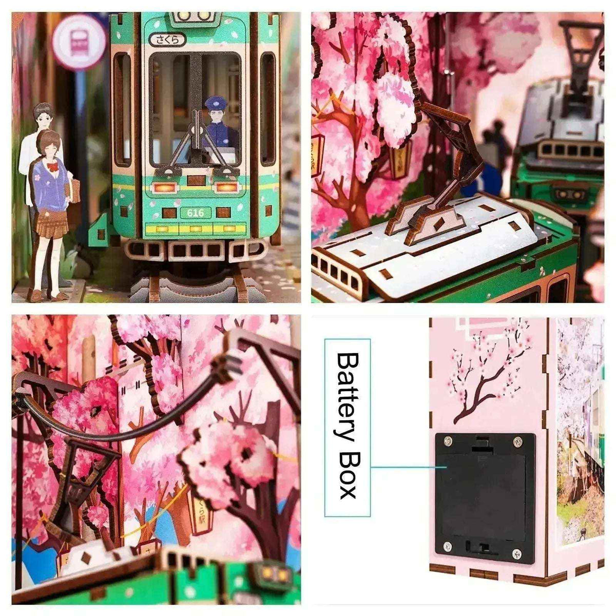 Sakura's Travel detail collage showing the green tram, cherry blossoms and rear battery box.