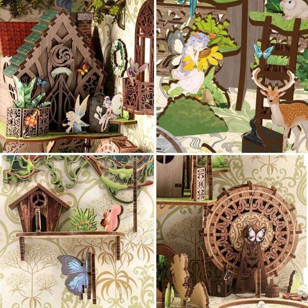 Secret World of the Forest details showing woodland houses, animal figures and a decorative wheel.