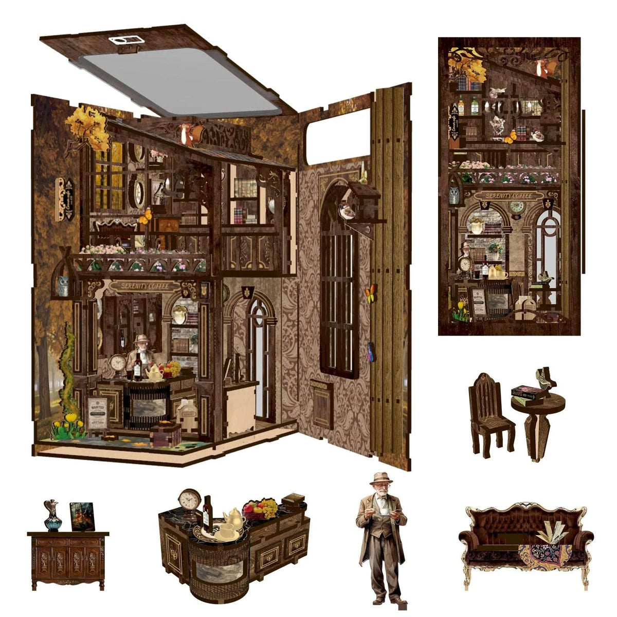Serenity Coffee House opened panels, with miniature furniture and a standing figure pictured below.