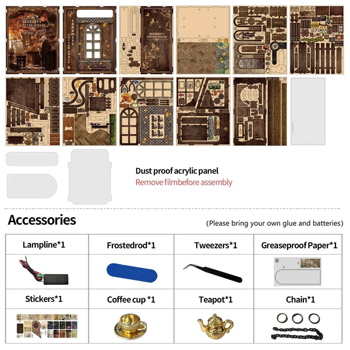 Serenity Coffee House kit panels and accessories displayed with an illustrated contents list.