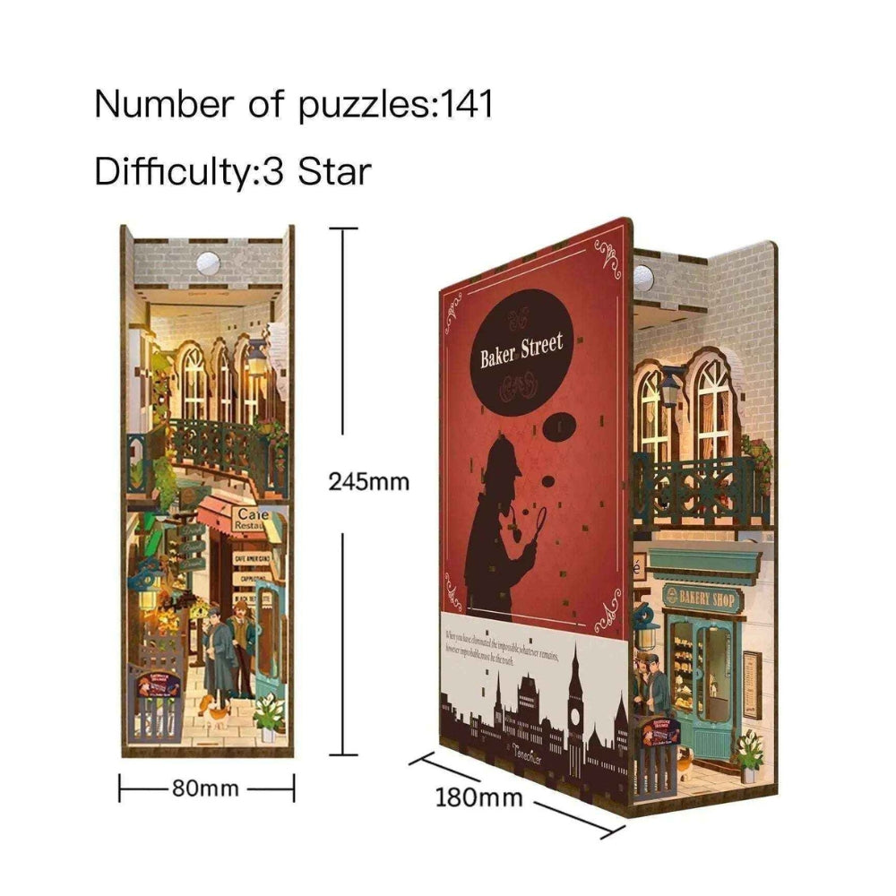 Sherlock Holmes 221B Baker Street DIY Book Nook Kit, product information, measurements