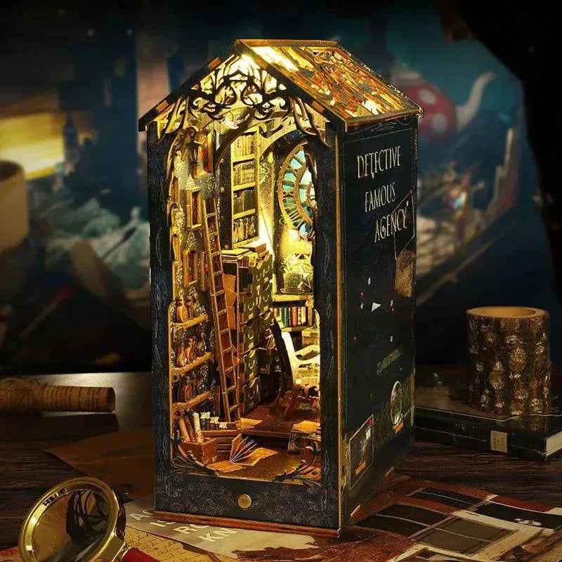Sherlock Holmes Detective Agency book nook with a glowing glass-style roof and miniature study.