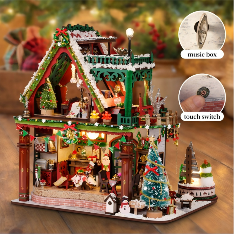 Snowy Christmas Lodge with close-ups of the music mechanism and touch switch.