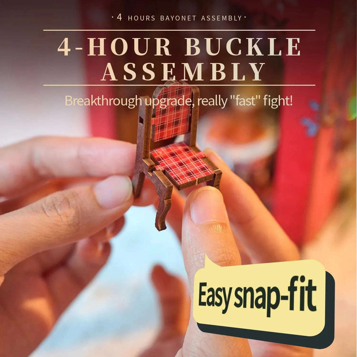 Hands assembling a small checkered chair for Songs of the Snowy Night.