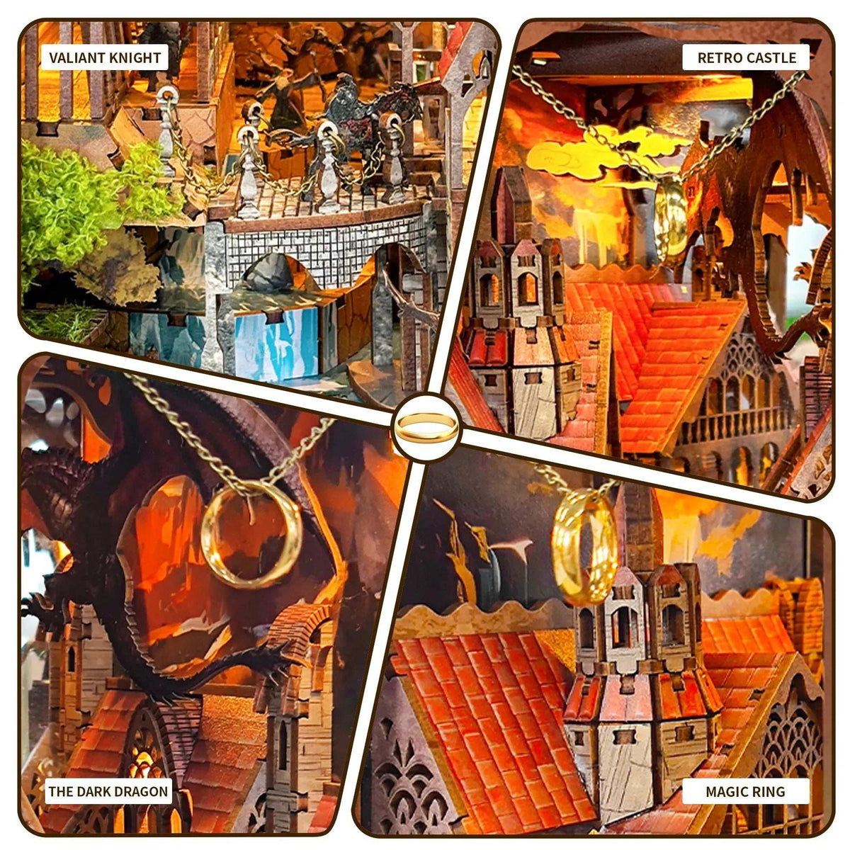 Spirit Valley of the Magic Ring detail collage showing knights, castle rooftops and a suspended ring.