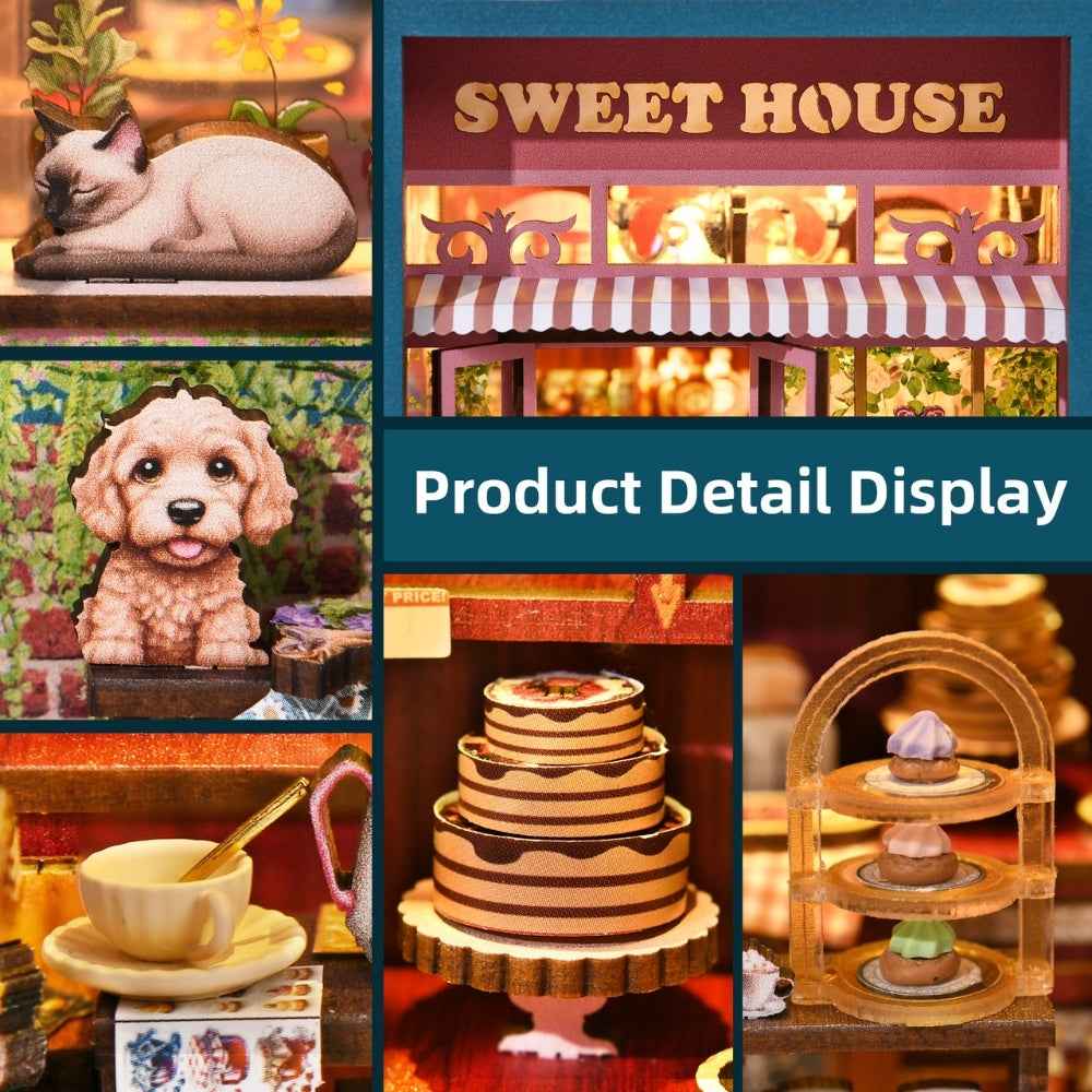 Sweet House details showing miniature pets, cakes, cups and a tiered pastry stand.