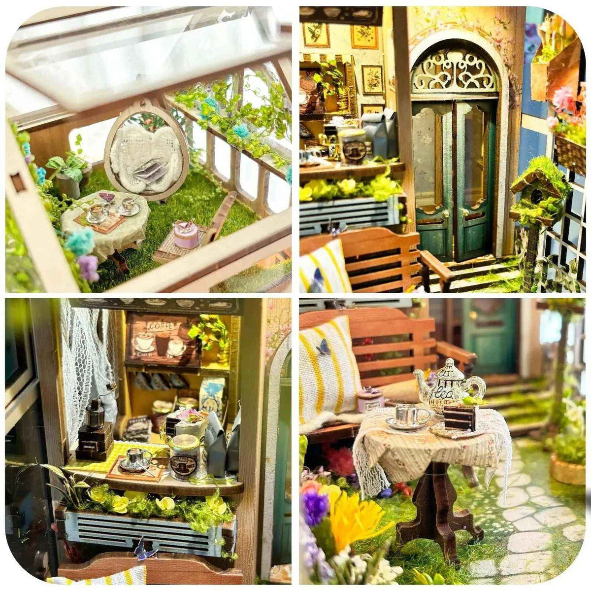 Sylvia's Garden interior details showing a chair, tea table, plants and green arched doorway.