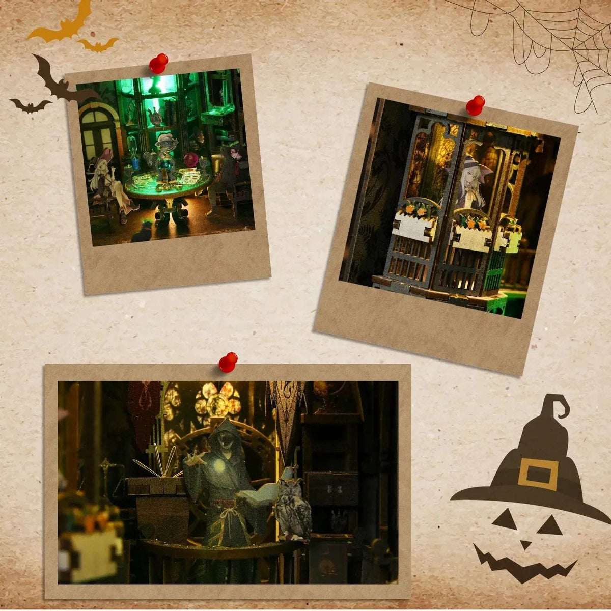 Tarot Divination Society detail collage with a green-lit globe, balcony and miniature furnishings.