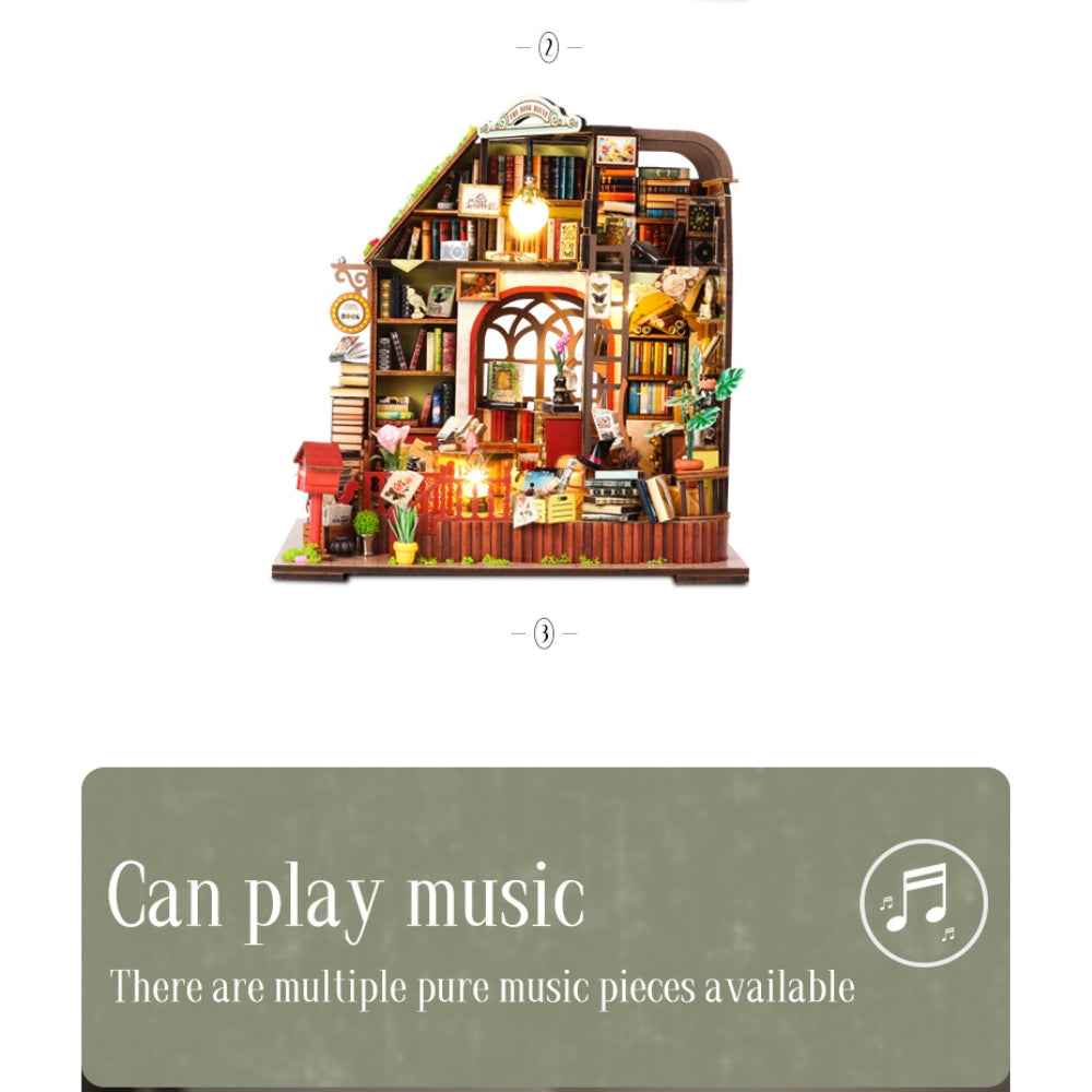 The Book House miniature model shown with a music-feature graphic.