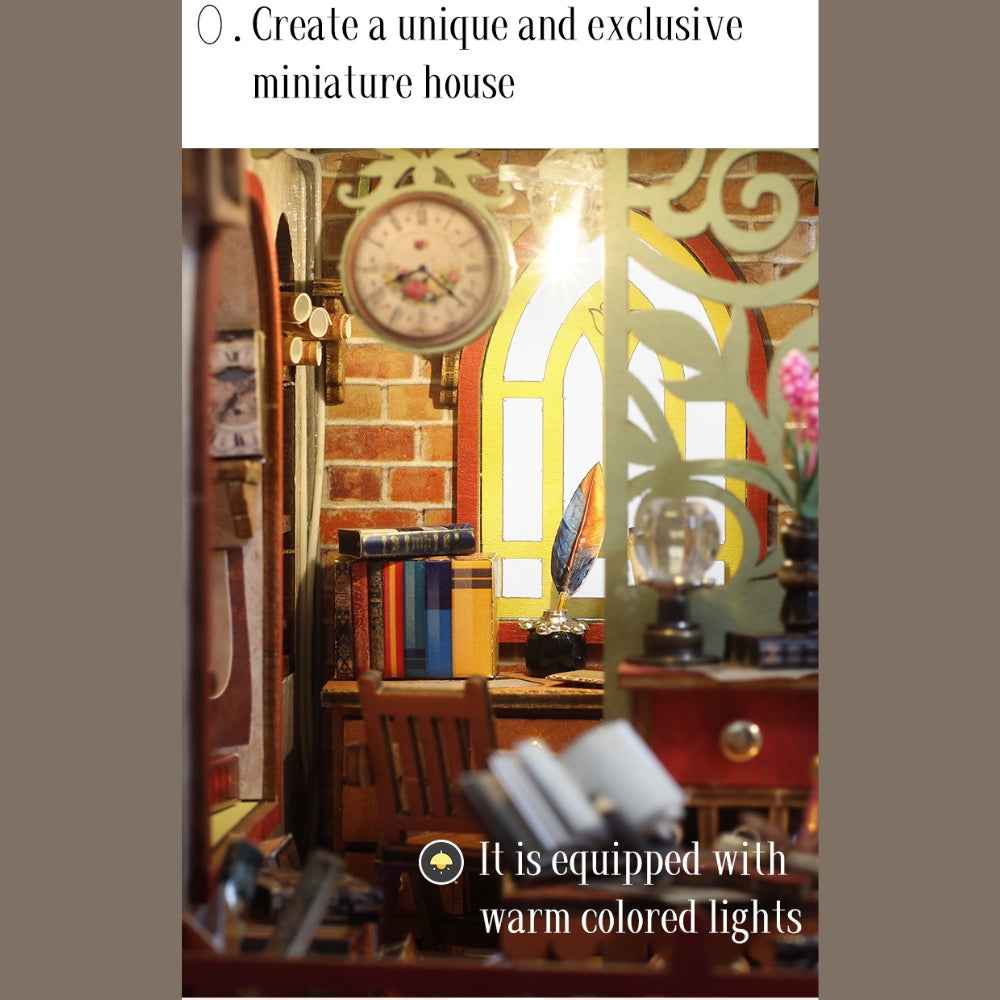 Close-up of the illuminated clock, books and curved wall inside The Book House.