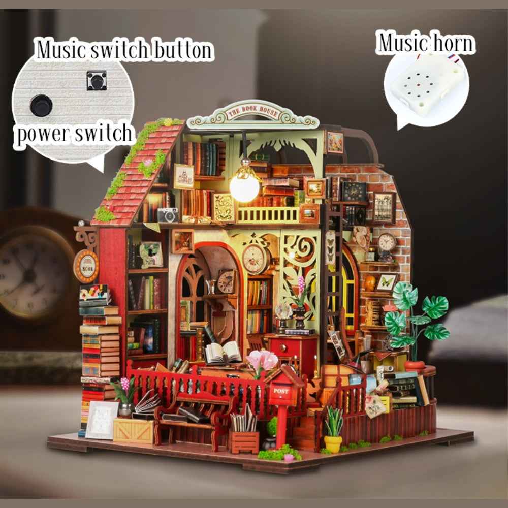 The Book House model with close-ups of the power switch, music control and speaker.