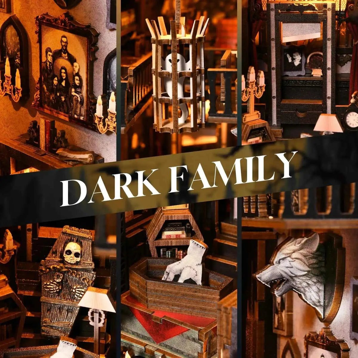 The Dark Family detail collage with a family portrait, barred balcony, skull, coffin and sculpted bust.