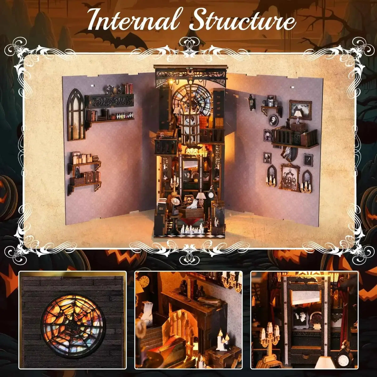 The Dark Family opened side panels revealing portraits, Gothic furnishings and a circular window.