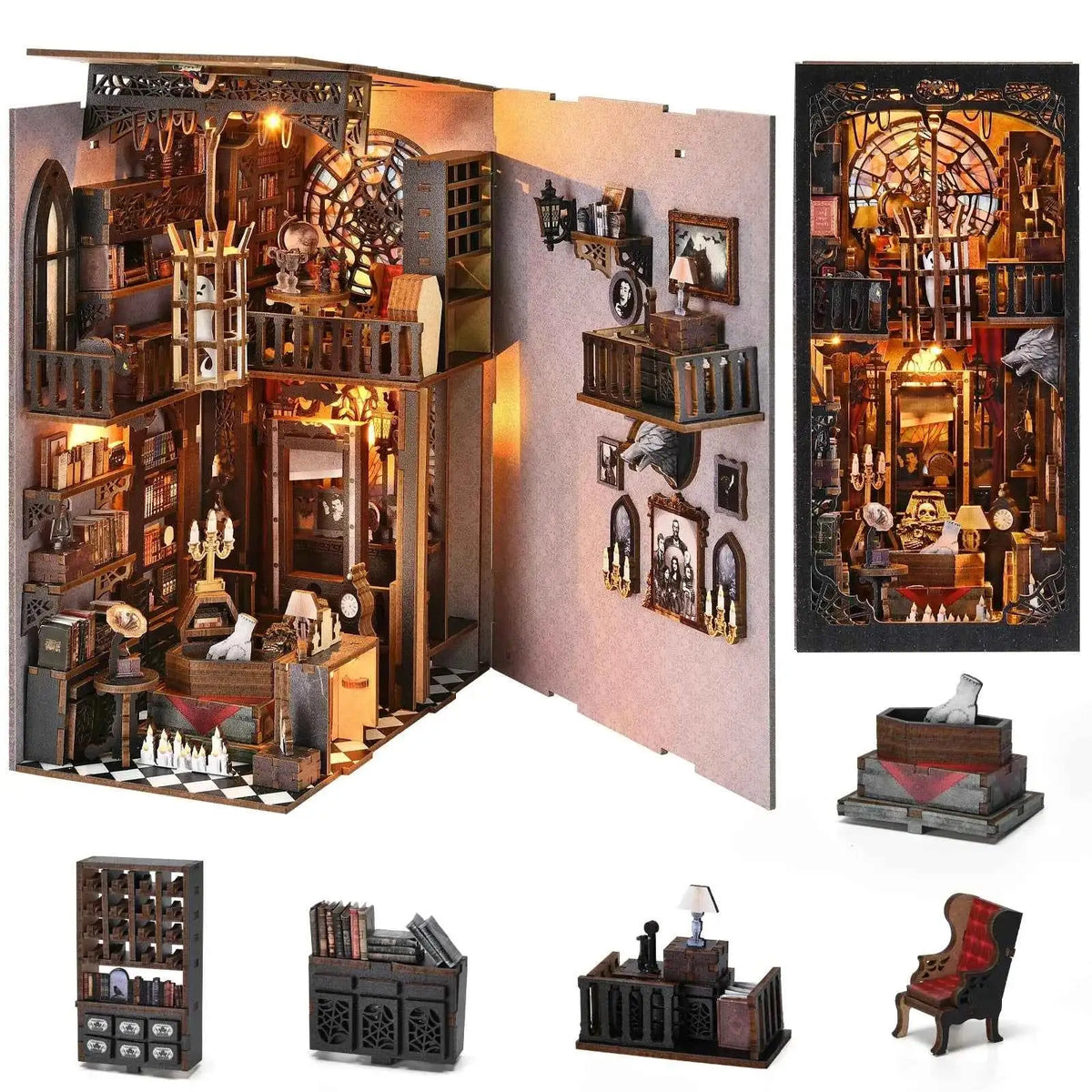 The Dark Family opened interior with miniature books, chair and cabinet pictured below.