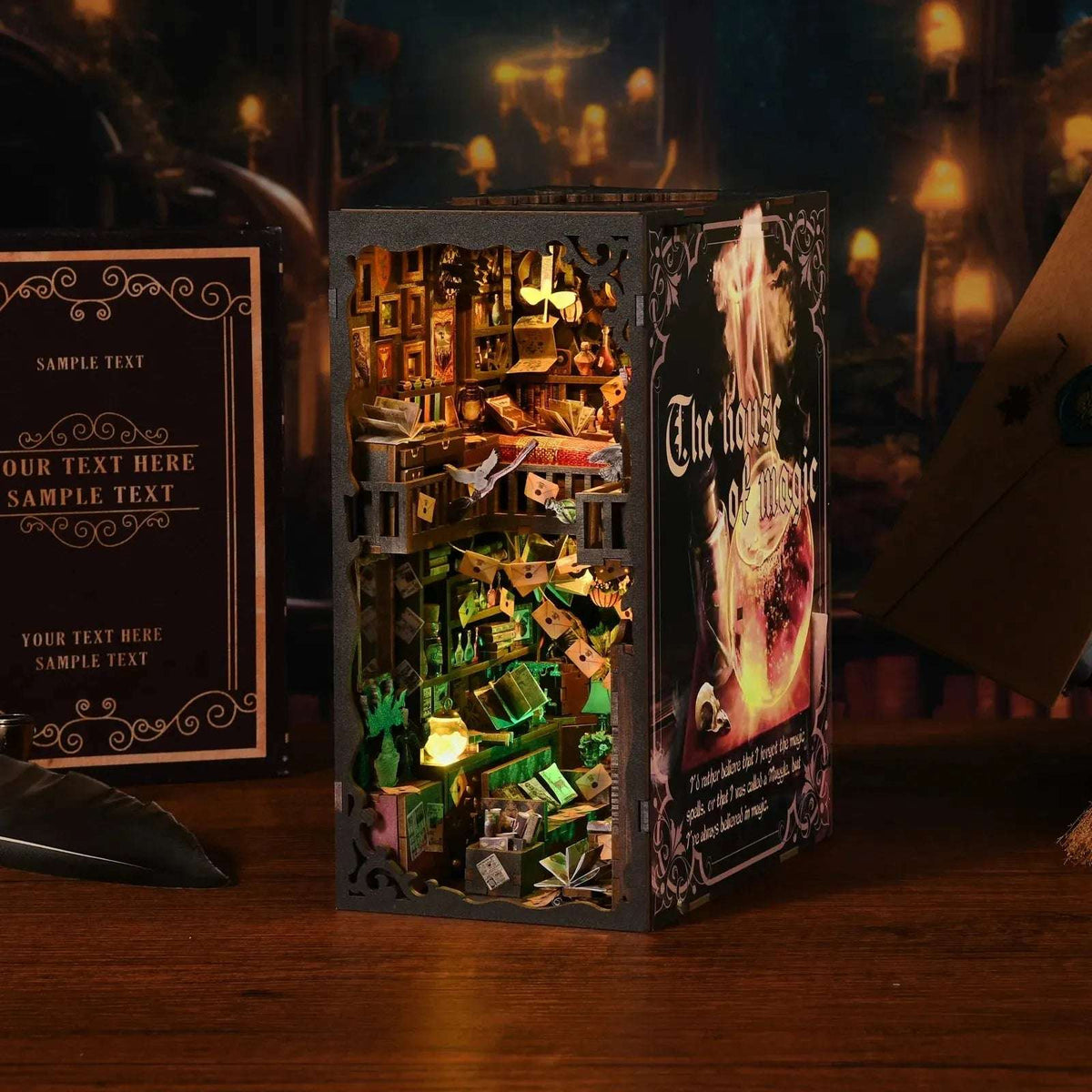 The House of Magic book nook with an open illustrated cover and a glowing green interior.