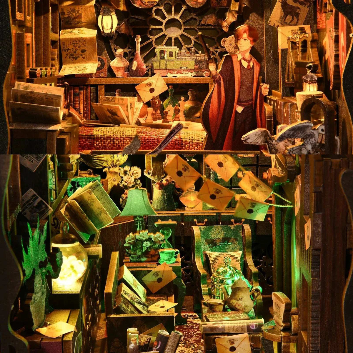 The House of Magic interior showing a wizard, suspended envelopes and a green-lit work area.