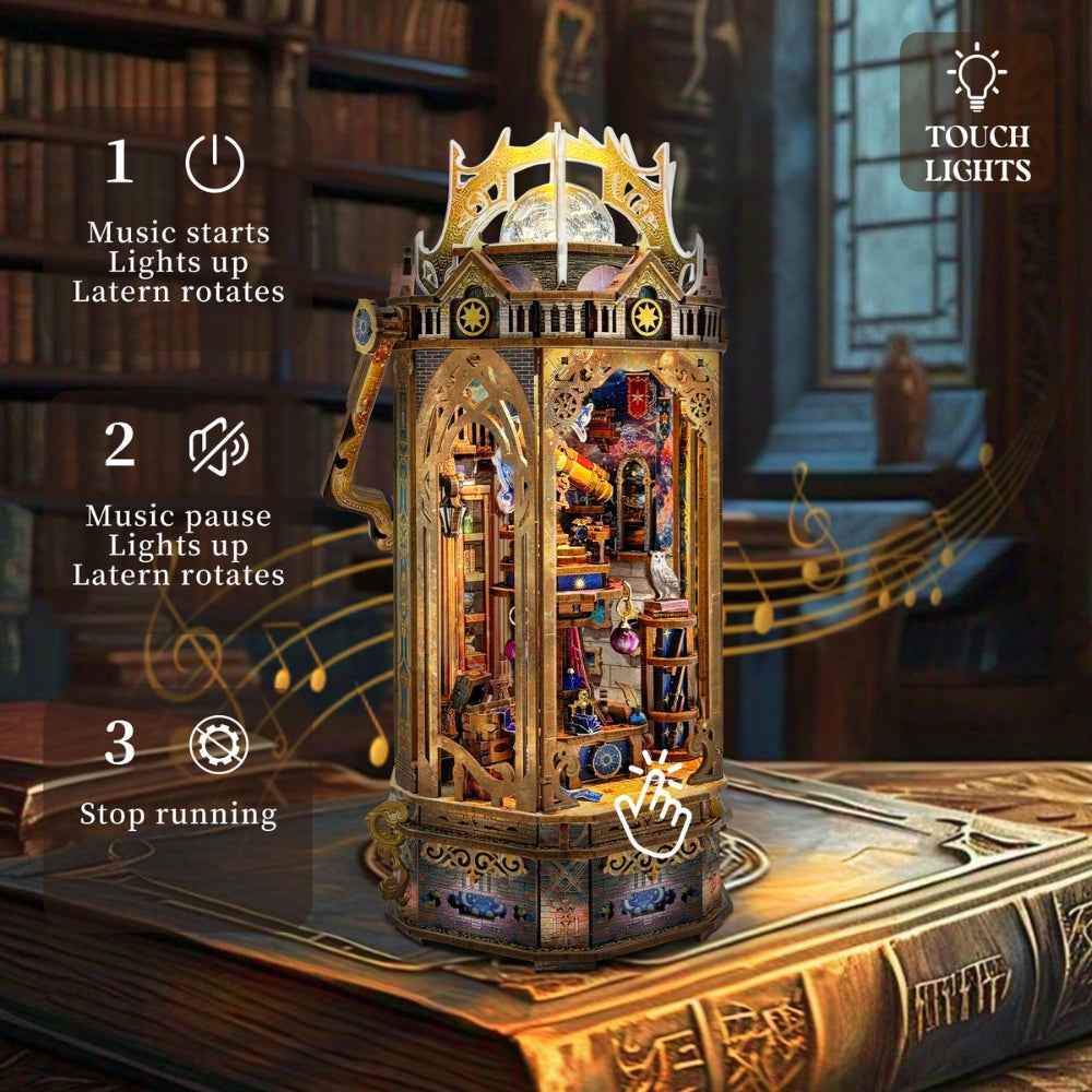 The Lantern of Galaxy feature illustration showing lighting, music and rotation controls.