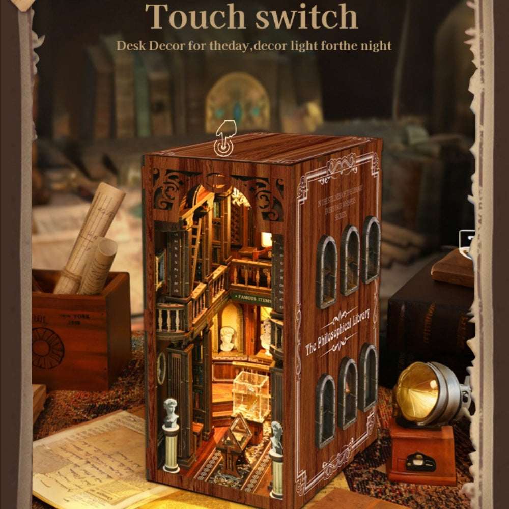 The Philosophical Library book nook with the top touch-switch position marked.
