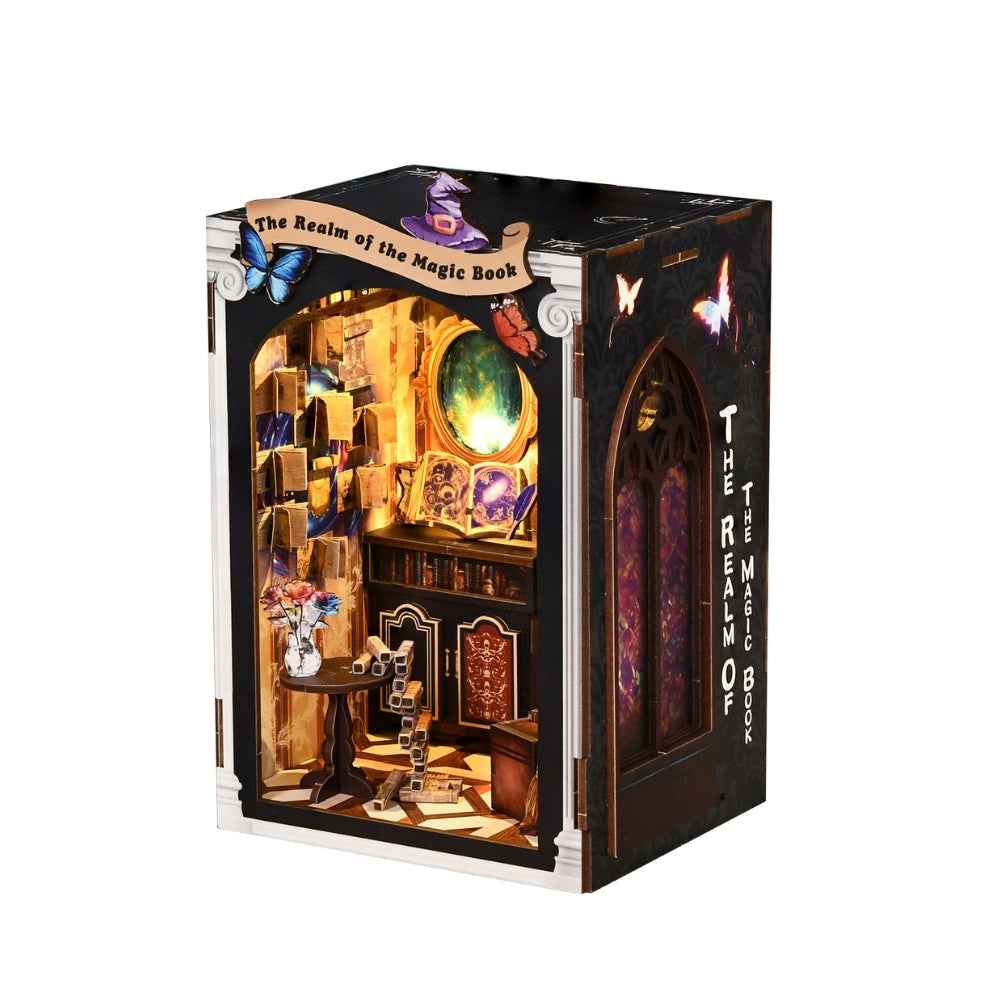Angled view of The Realm of the Magic Book book nook against a white background.