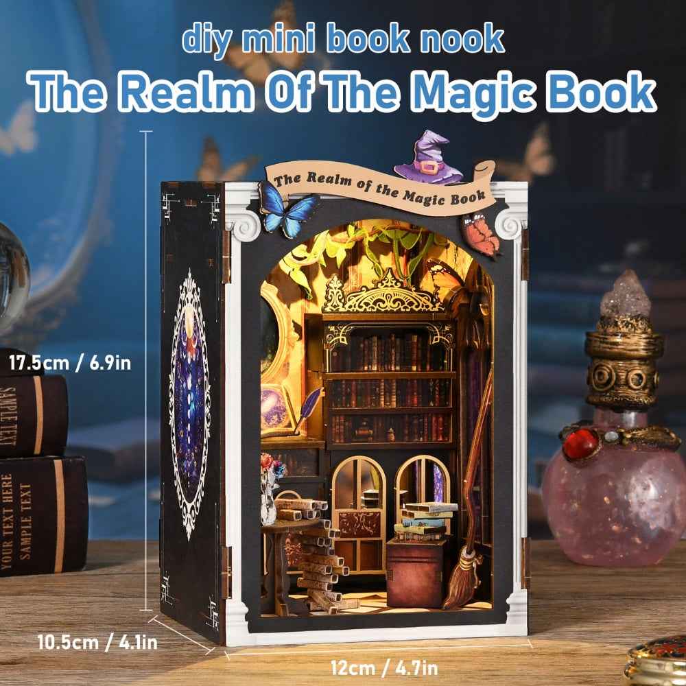 The Realm of the Magic Book dimension diagram with a front view of the miniature library.