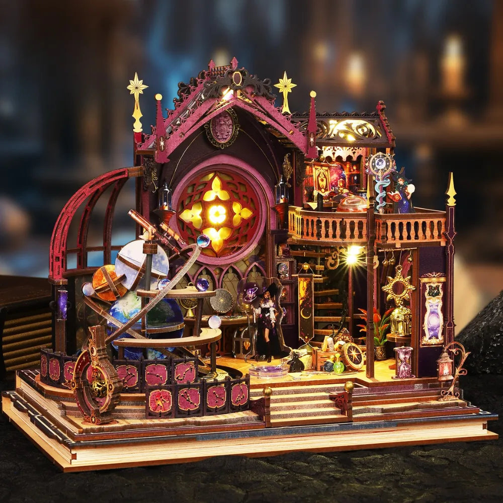 Front view of The Star-gazer's Sanctum with its glowing circular window and planetary model.