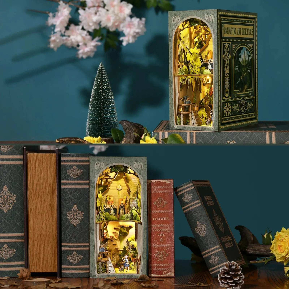 The Wizard of Oz book nook shown on a display stand and between books.