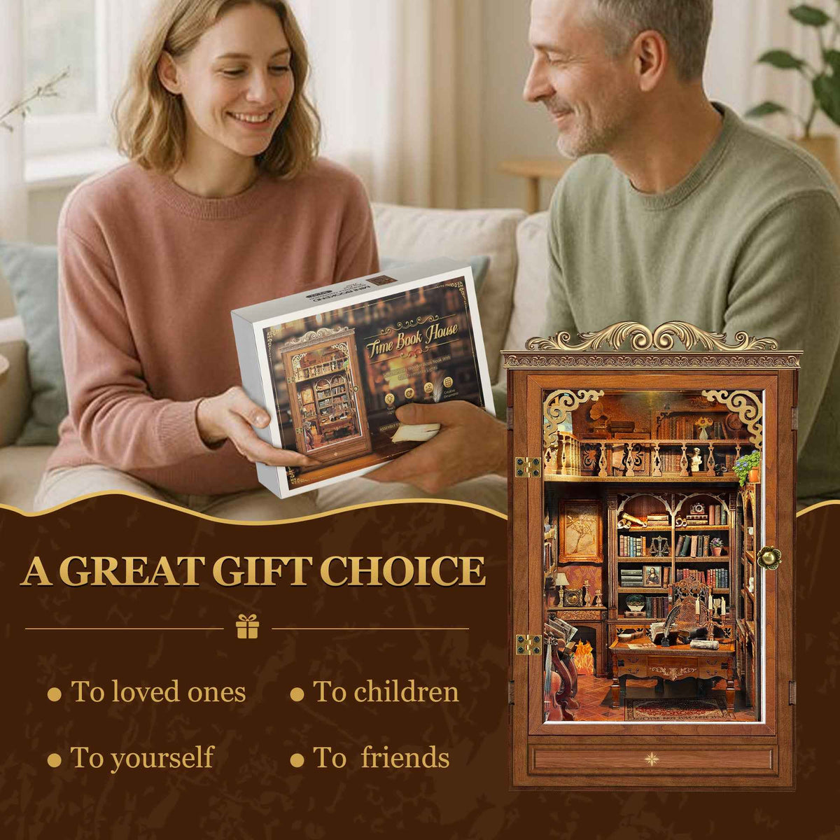 Two adults holding a Time Book House kit box beside the assembled book nook.