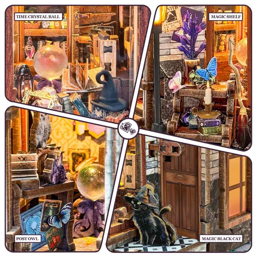 Time Magic Club details showing a crystal ball, magic shield, owl and black cat.