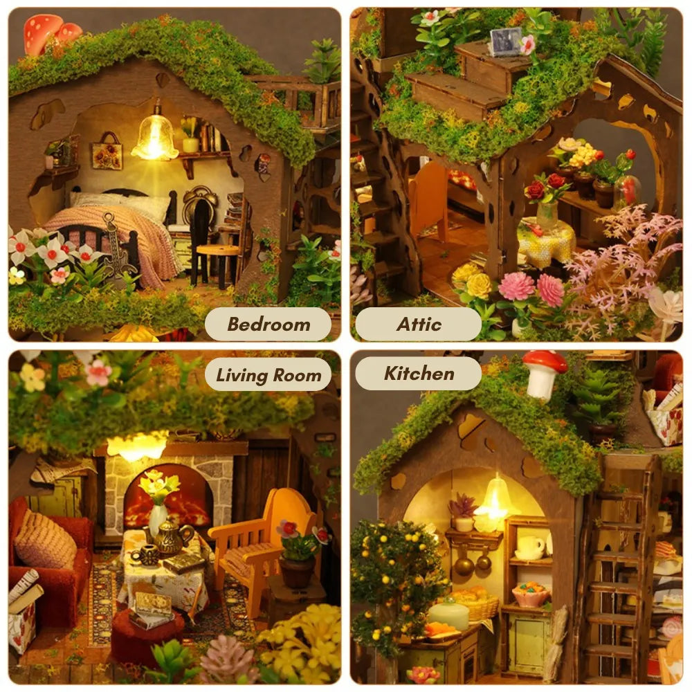 Time Treehouse green-roof edition details showing the bedroom, attic, living room and kitchen.