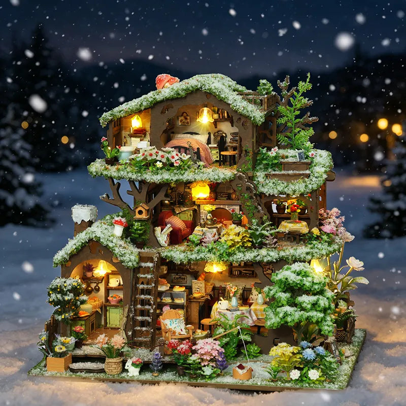 Time Treehouse snow-roof edition illuminated against a dark snowy backdrop.