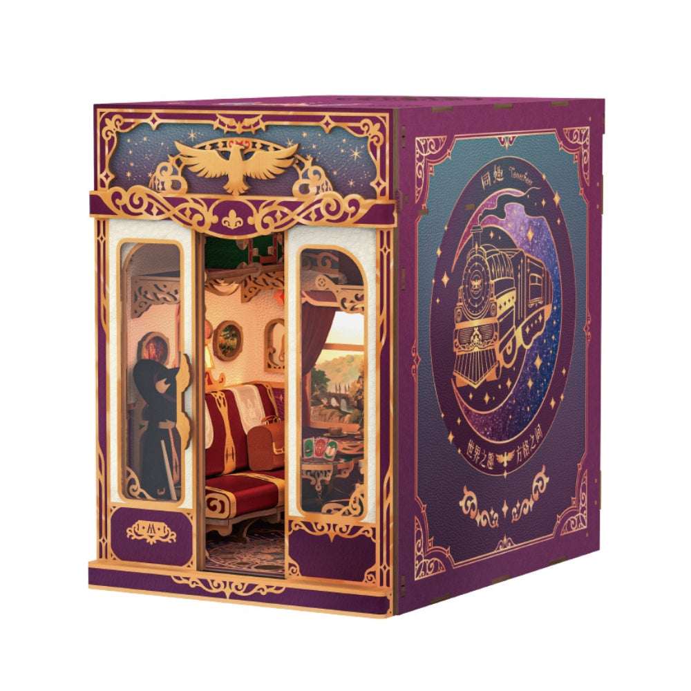 Angled Magical Journey train cabin against a white background, showing its ornate purple side.