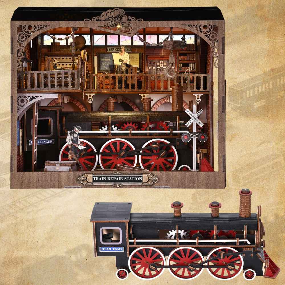 Train Repair Station miniature workshop with a locomotive beneath an upper balcony.