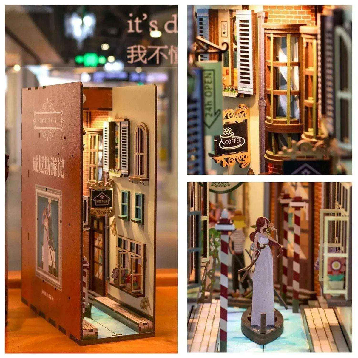 Travel in Venice book nook collage with an angled view, shuttered windows and a gondola detail.