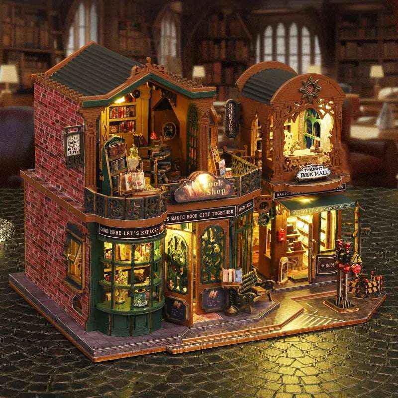 Angled Twilight Book Haven miniature bookstore showing brick side walls and upper rooms.