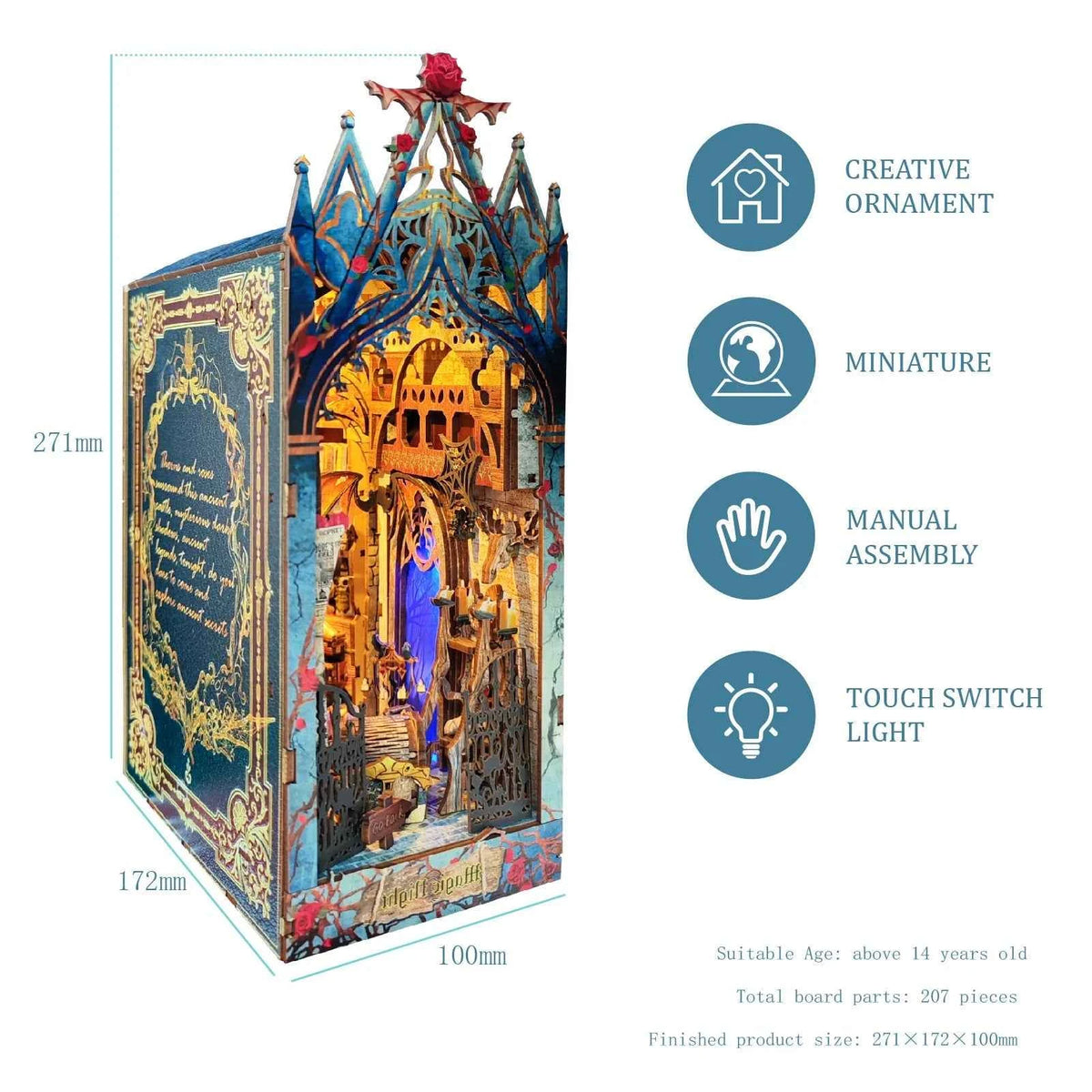 Twilight Castle book nook dimension diagram with assembly and touch-lighting feature icons.