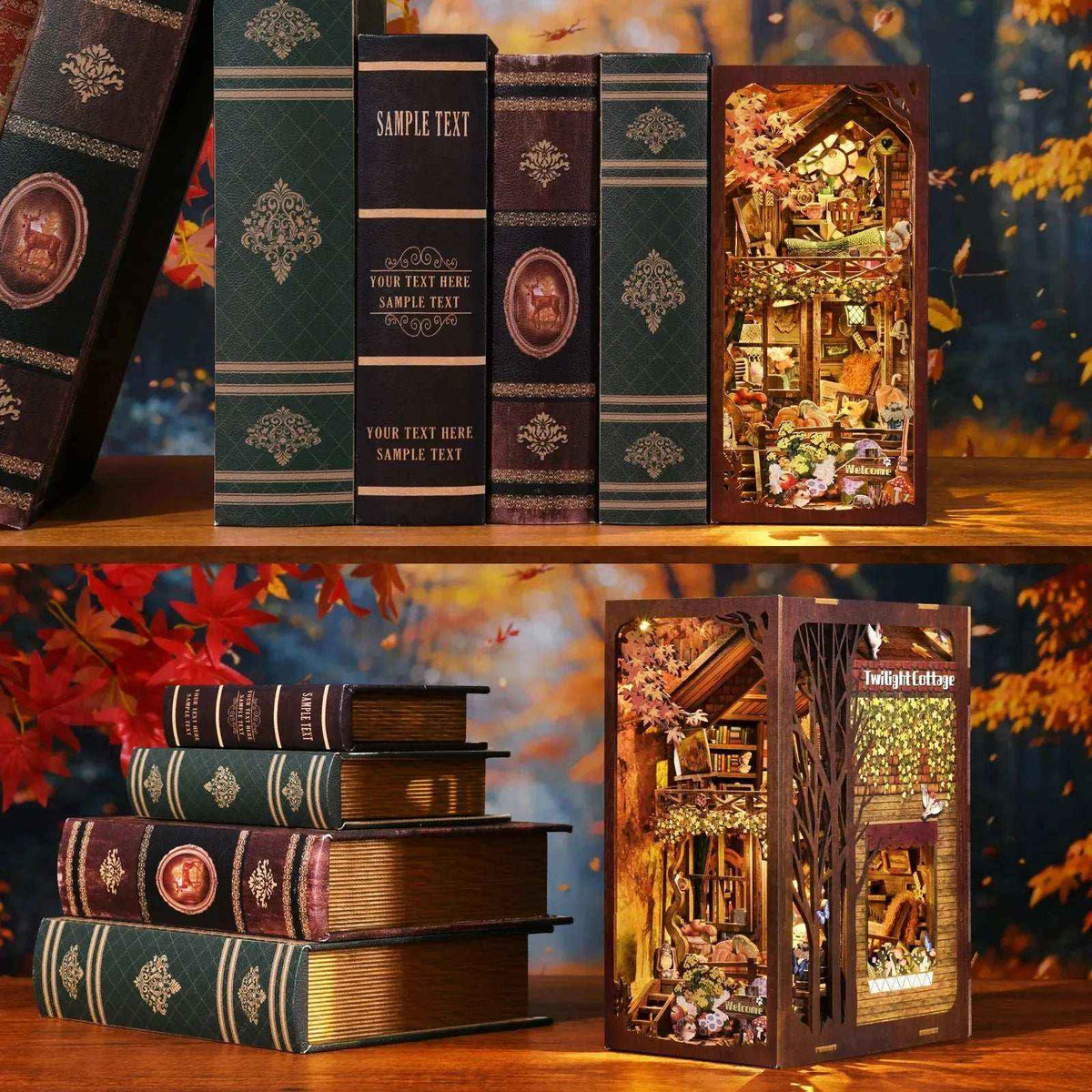Twilight Cottage book nook shown on a shelf and beside stacked books.