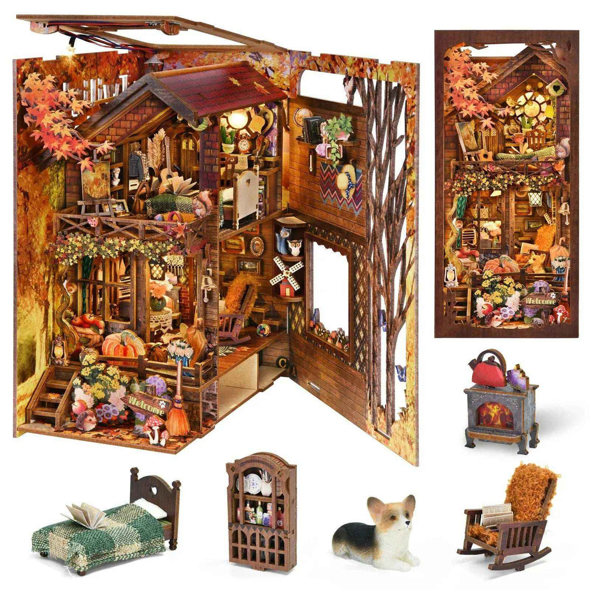 Twilight Cottage opened out, with a miniature bed, cabinet, cat and chair arranged below.