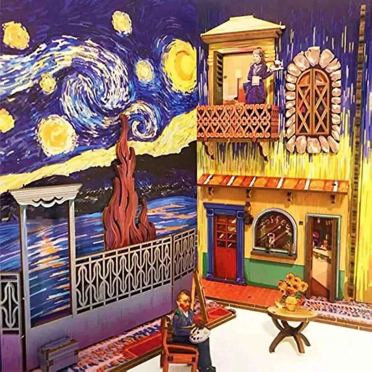 Starry sky, balcony and café tables inside the Vincent's World miniature book nook.