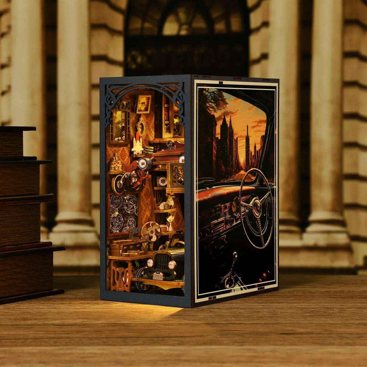 Vintage Motoring Memories book nook with a classic car illustration on its open cover.