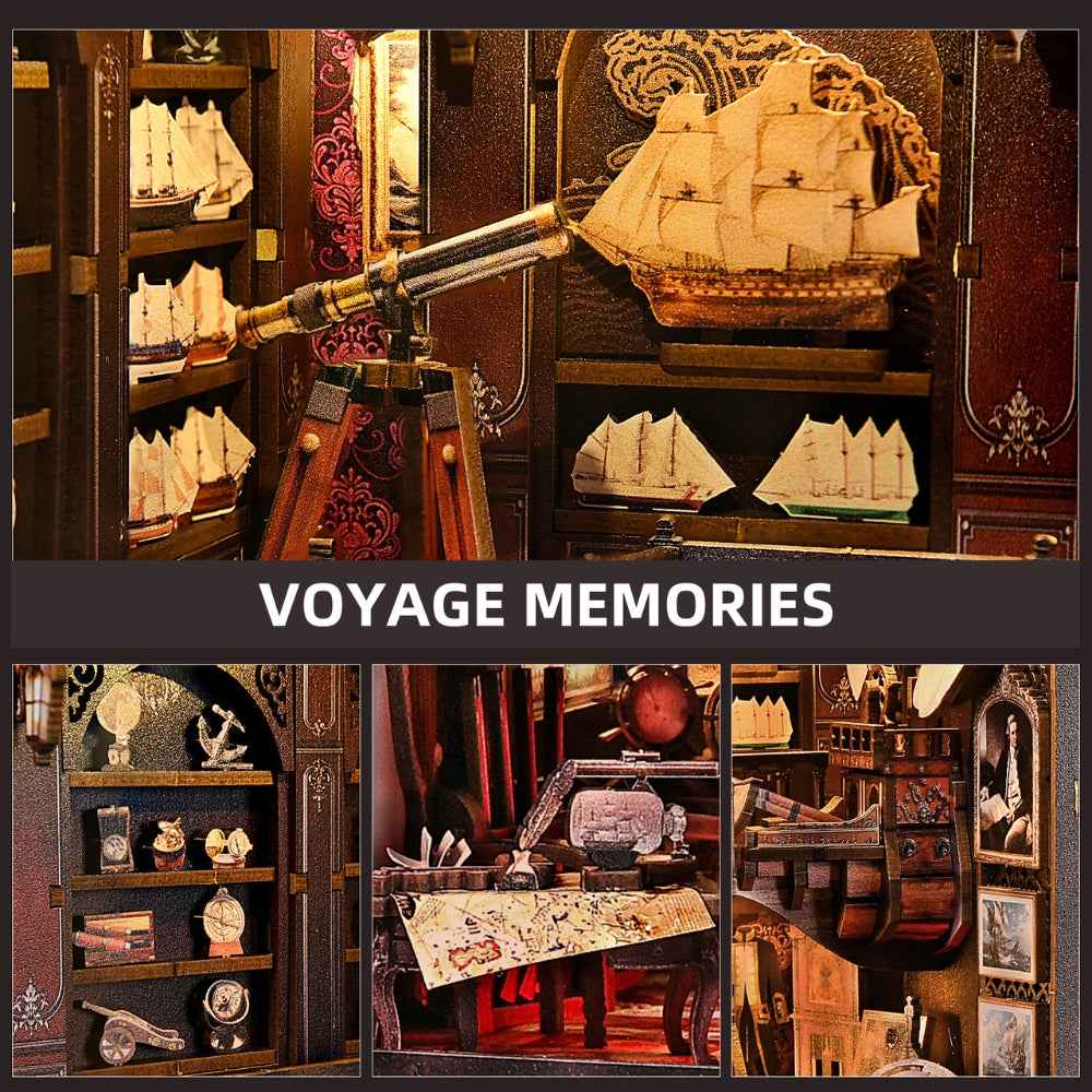 Voyage Memories details showing a telescope, model sailing ships and a miniature navigation desk.
